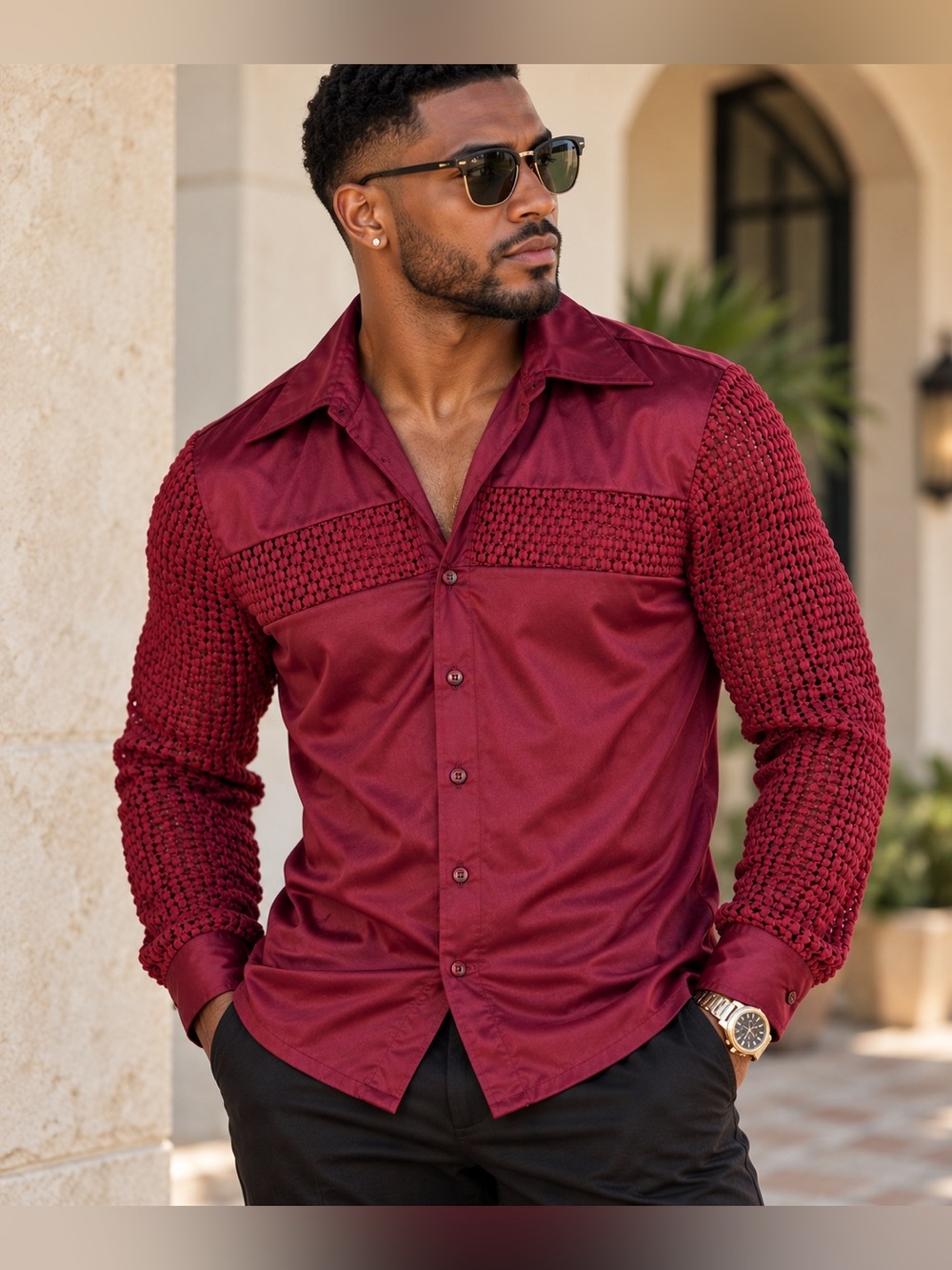 Vintage OTTO Men’s M Burgundy Textured Knit Long Sleeve Button Up Shirt